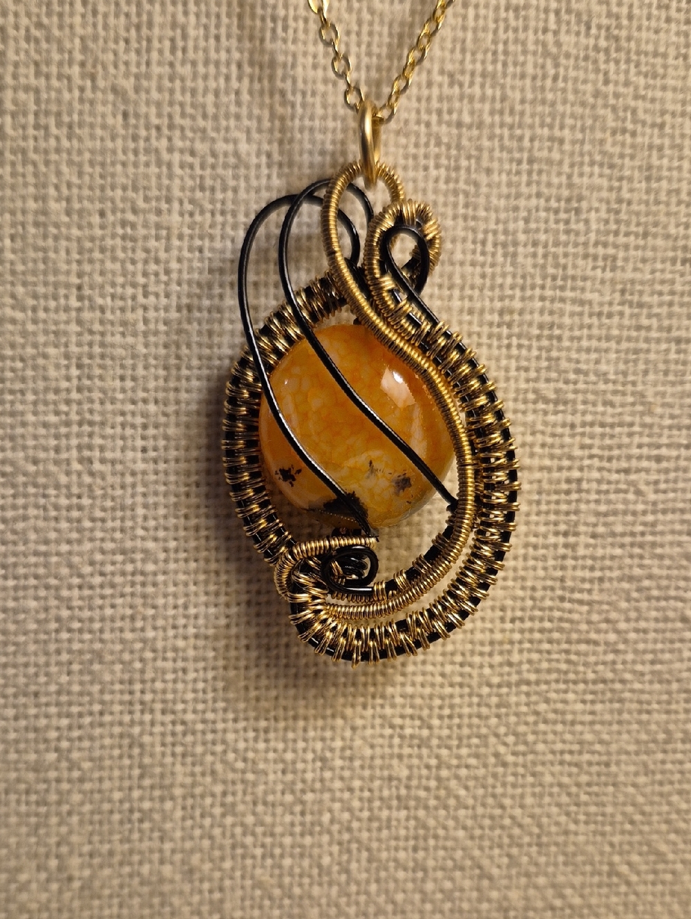 Handmade Yellow Agate Wire-Wrap Pendant Necklace